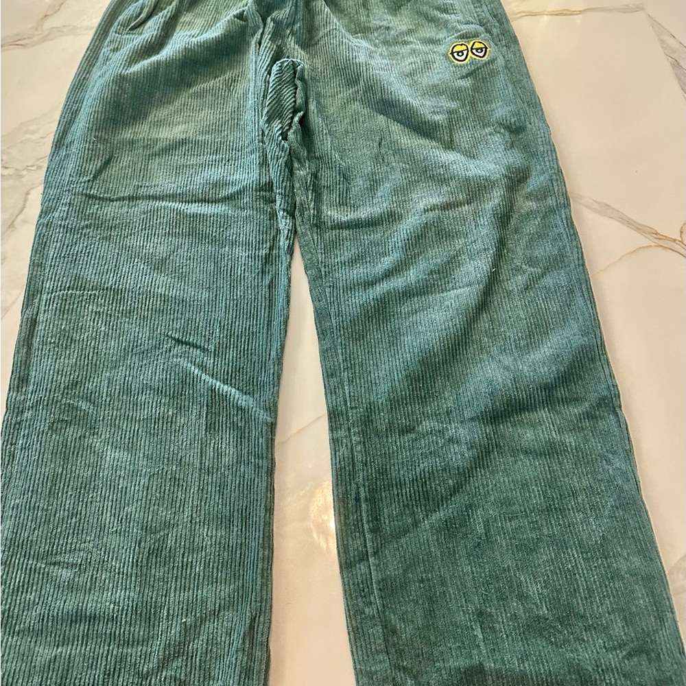 Teal Corduroy Pants with Embroidered Detail